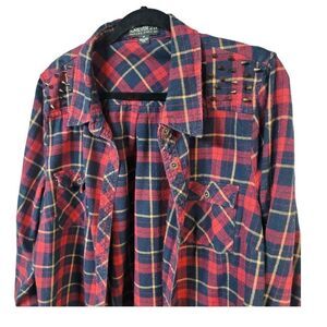 FOREVER 21 PUNK SPIKES Plaid button down shirt lrg WORN look emo goth red